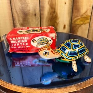 VINTAGE‎ CRAGSTAN TIN LITHO WIND UP WALKING TURTLE IN BOX -~ WORKS